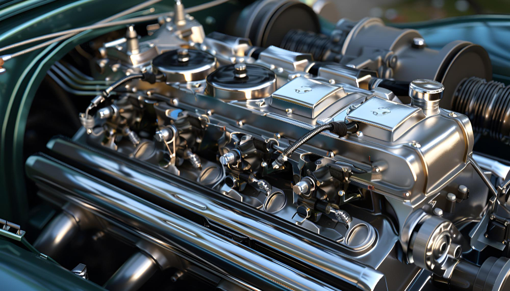Motor V8 clásico completamente cromado en exposición — cilindrada en coches